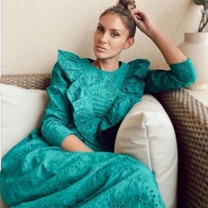 Zara Green Embroidered Eyelet Puff Sleeve Ruffle Holiday Maxi Dress